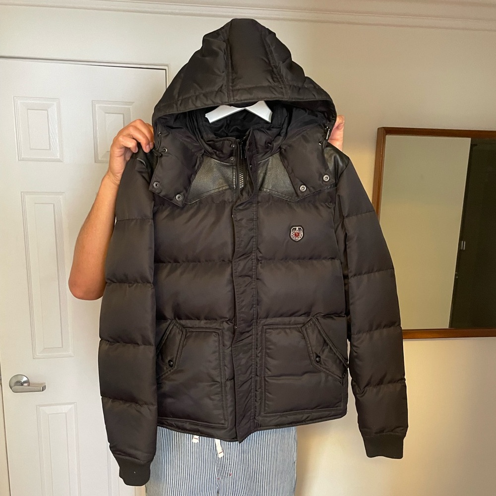 Kooples sport down jacket with leather shoulders